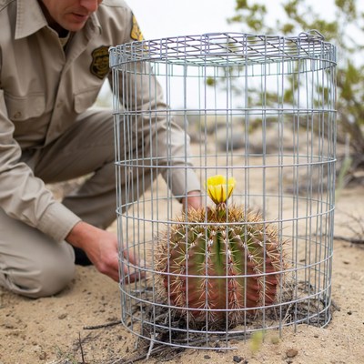 Ranger protecting barrel cactus in cage
