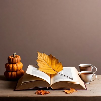 Open Book with Pumpkin and Autumn Leaves
