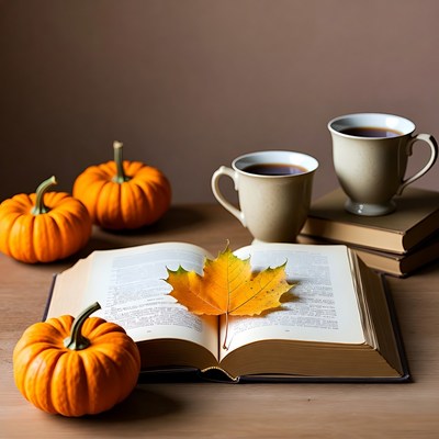 Open Book with Pumpkins and Maple Leaf