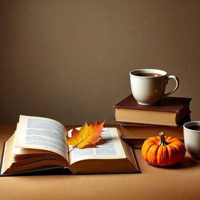 Open Book with Pumpkin and Autumn Leaf