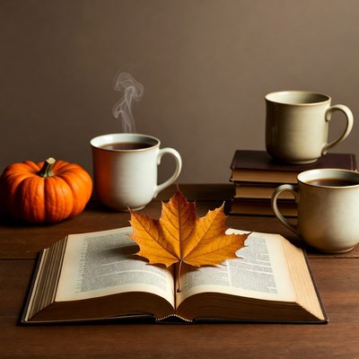 Open Book with Autumn Leaf and Pumpkins