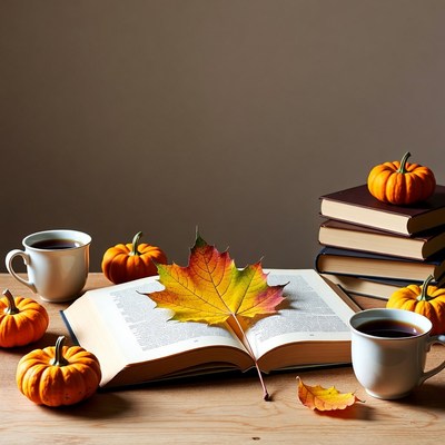 Open Book with Pumpkins and Autumn Leaves