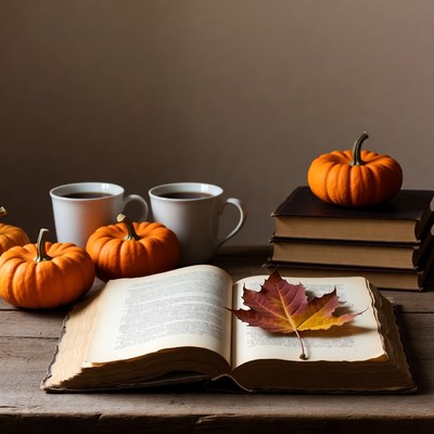 Open Book with Pumpkins and Autumn Leaf