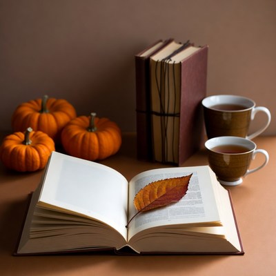Open book with autumn leaf and pumpkins