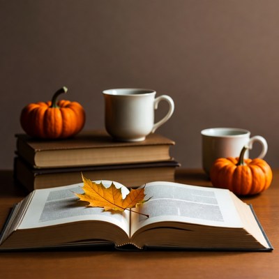 Open Book with Autumn Leaf and Pumpkins