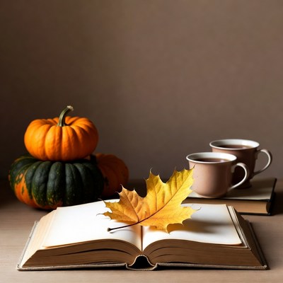 Open Book with Autumn Pumpkins and Leaf