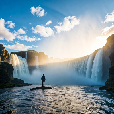 Man standing before majestic waterfall