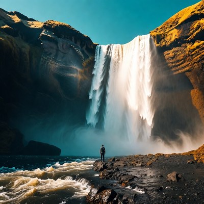Man standing before majestic waterfall
