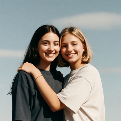Two smiling teenage girls hugging outdoors
