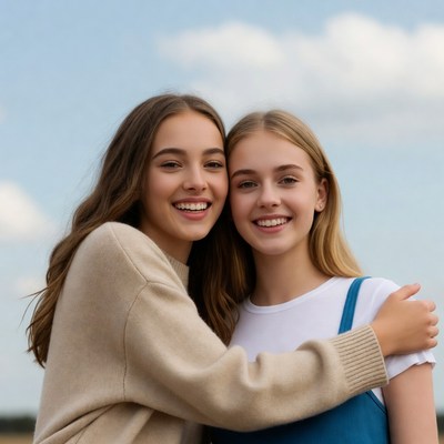 Two smiling teenage girls hugging outdoors