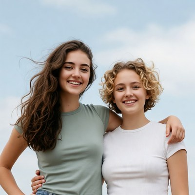 Two Smiling Teenage Girls Hugging Outdoors