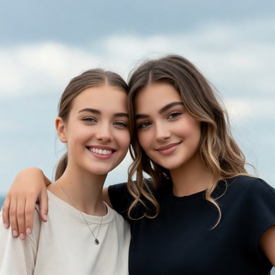 Two teenage girls hugging outdoors