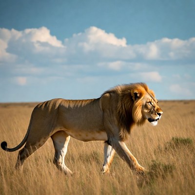 Lion walking in savanna grass
