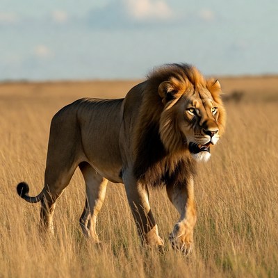 Lion walking in golden savanna grass