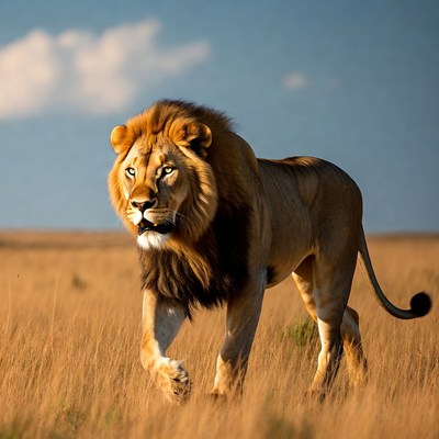 Lion walking in savanna grass