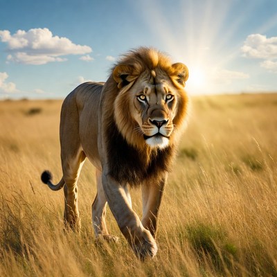 Lion walking in golden savanna