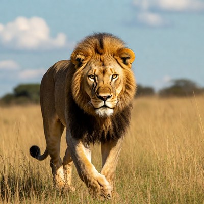 Lion walking in golden grasslands