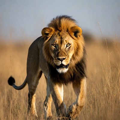 Lion walking in golden grass