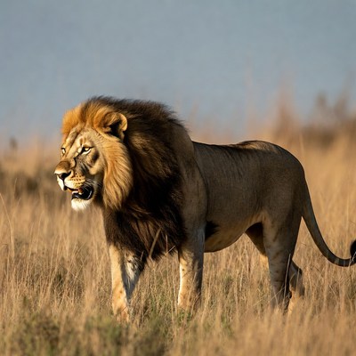 Roaring lion in savanna grass