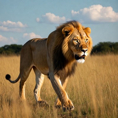 Majestic lion walking in savanna grass