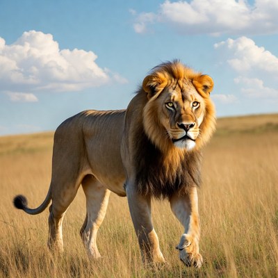 Lion walking in golden grass