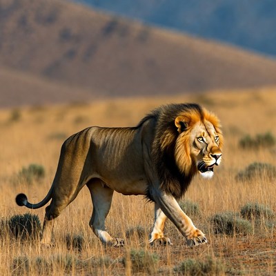 Lion walking in savanna
