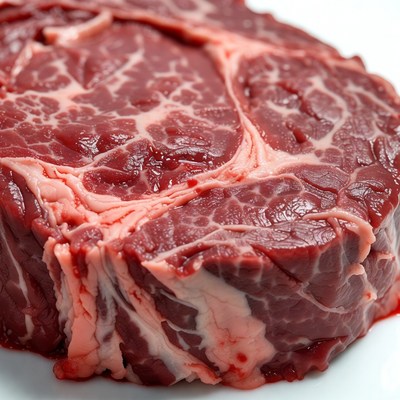 Raw ribeye steak on white plate