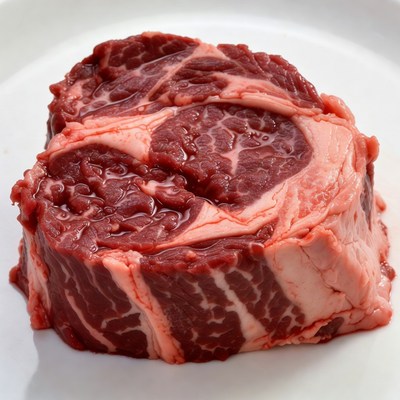 Raw ribeye steak on white plate