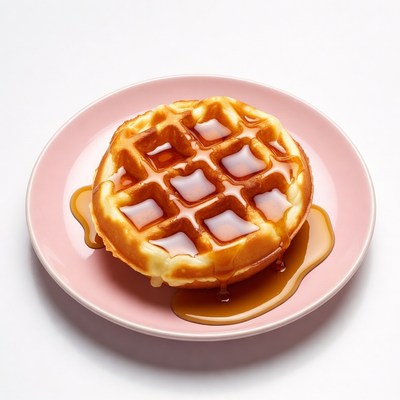 Waffle with syrup on pink plate