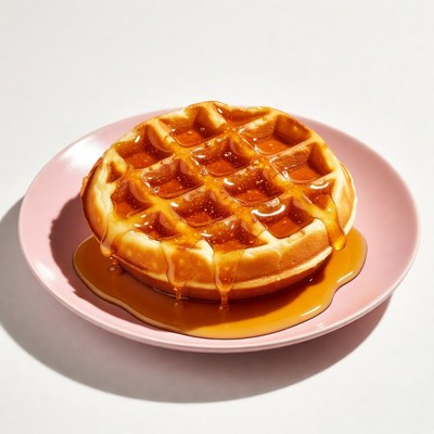 Waffle Drizzled with Syrup on Pink Plate