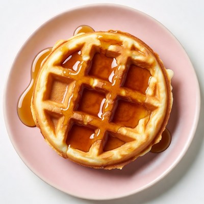 Waffle with Maple Syrup on Pink Plate