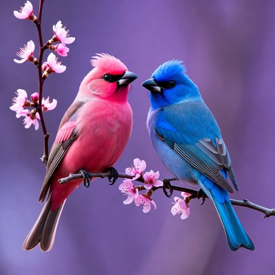 Pink and Blue Cardinals on Cherry Blossoms