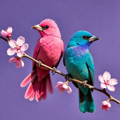 Pink and Blue Birds on Cherry Blossoms