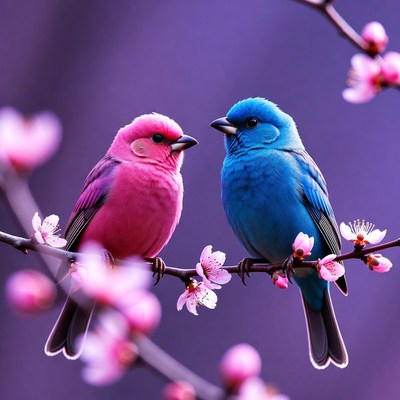 Pink and Blue Birds on Cherry Blossoms