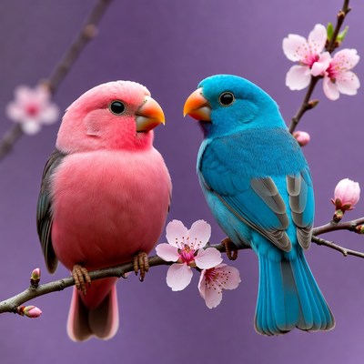 Pink and Blue Lovebirds on Cherry Blossoms