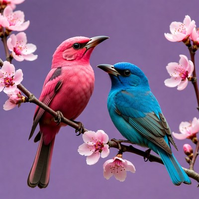 Pink and Blue Birds on Cherry Blossoms