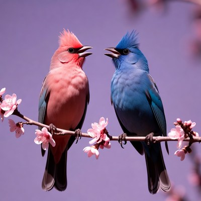 Pink and Blue Crested Birds on Cherry Blossoms
