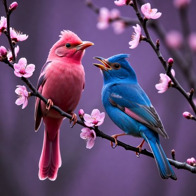 Pink and Blue Birds on Cherry Blossoms