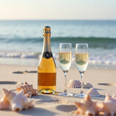 Champagne bottle and glasses on beach