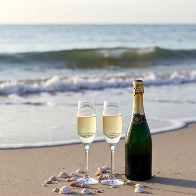 Champagne Glasses and Bottle on Beach