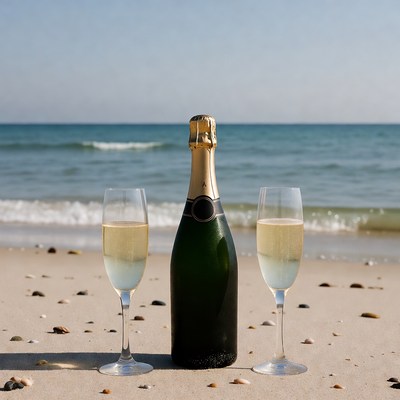 Champagne bottle and glasses on beach