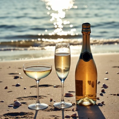 Champagne Glass and Bottle on Beach
