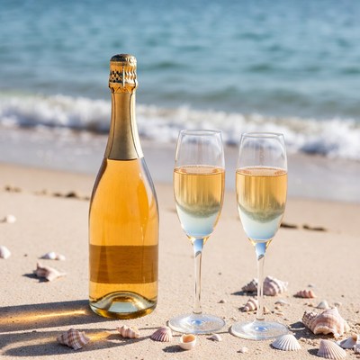 Champagne Bottle and Glasses on Beach
