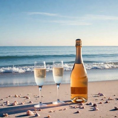 Champagne glasses and bottle on beach