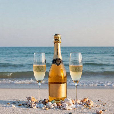 Champagne Bottle Glasses on Beach