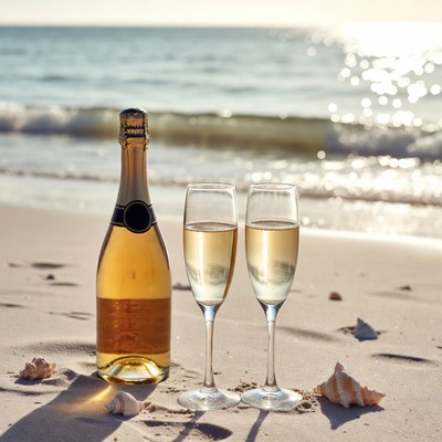 Champagne Bottle Glasses on Beach
