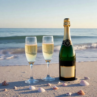 Champagne Bottle Glasses on Beach