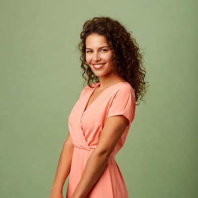 Smiling woman in pink dress