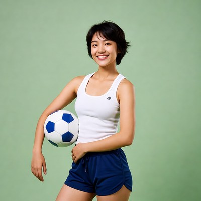 Asian woman holding soccer ball