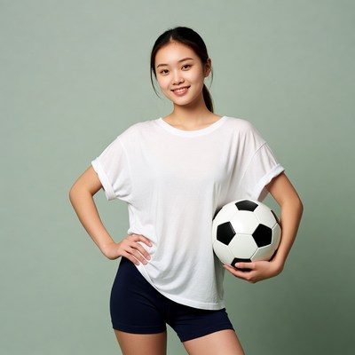 Asian girl holding soccer ball